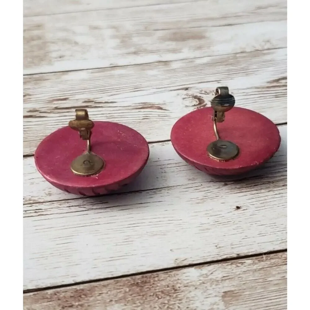 Vintage Clip On Earrings Engraved Red Circle Large 1 & 3/8